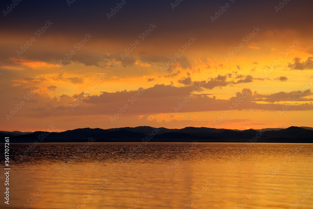 Sunset on the Yenisei River. Southern Siberia