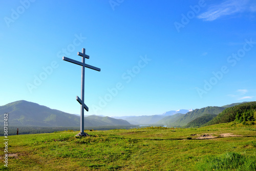 Poklonniy cross on the place of the Cossack outpost of the XVIII and XIX centuries to protect the state border of the Russian Empire. Mountain cross. Sayanogorsk. The Republic of Khakassia.
