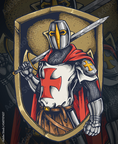 Fotografie, Obraz Vector illustration of knight templar with a long sword and shield ready for a b