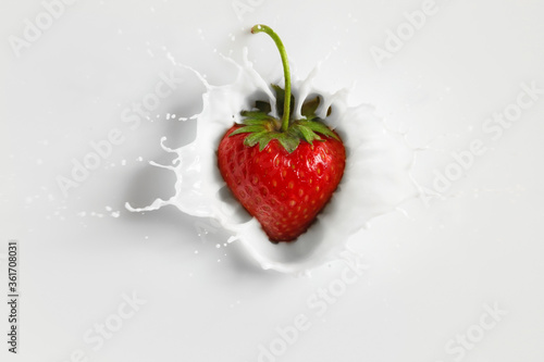 Falling of fresh strawberry into milk