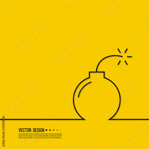 Vector illustration of bomb with burning wick on yellow background.