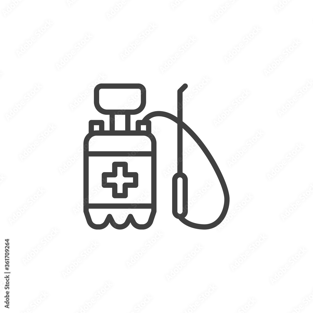 Disinfectant canister line icon. linear style sign for mobile concept and web design. Antibacterial pressure sprayer outline vector icon. Symbol, logo illustration. Vector graphics Disinfectant canister line icon. linear style sign for mobile concept and web design. Antibacterial pressure sprayer outline vector icon. Symbol, logo illustration. Vector graphics