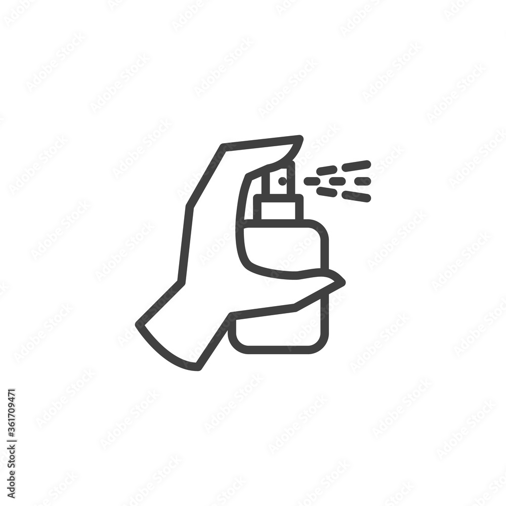 Hand sanitizer spray line icon. linear style sign for mobile concept and web design. Hand disinfection, alcohol spray outline vector icon. Symbol, logo illustration. Vector graphics Hand sanitizer spray line icon. linear style sign for mobile concept and web design. Hand disinfection, alcohol spray outline vector icon. Symbol, logo illustration. Vector graphics