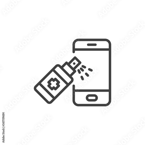 Disinfect phone line icon. linear style sign for mobile concept and web design. Sanitize smartphone outline vector icon. Symbol, logo illustration. Vector graphics