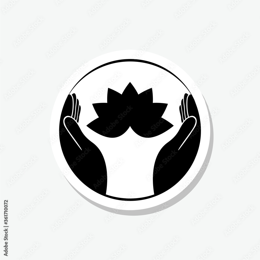 Hands holding Lotus flower sticker isolated on gray background Hands holding Lotus flower sticker isolated on gray background