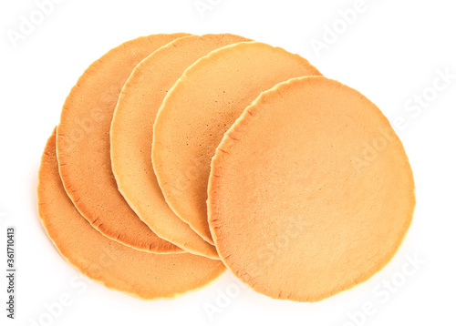 Tasty pancakes on white background