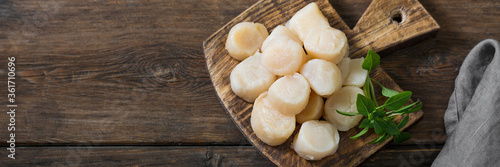 Obraz na płótnie Scallops on a wooden Board on a brown wooden table. Scallops close-up. Top view with space for text. Banner w salonie