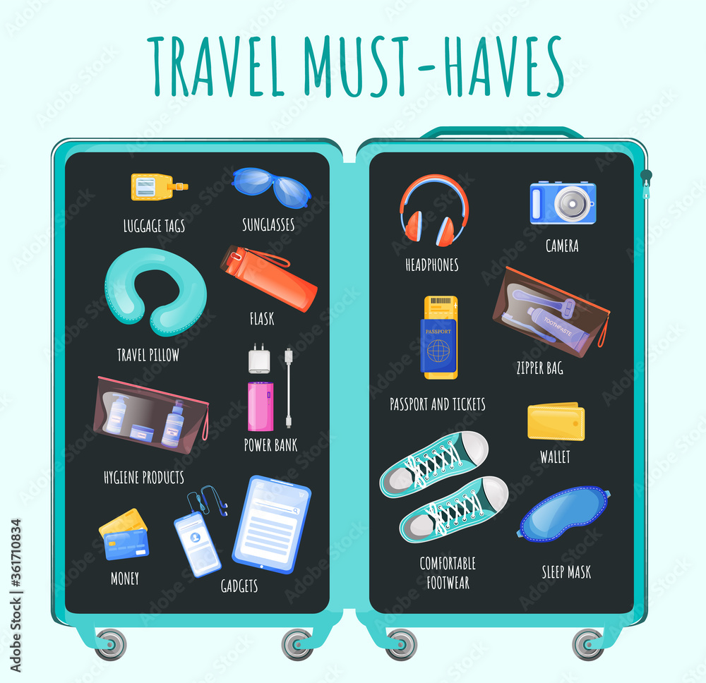 Travel must haves flat color vector informational infographic template