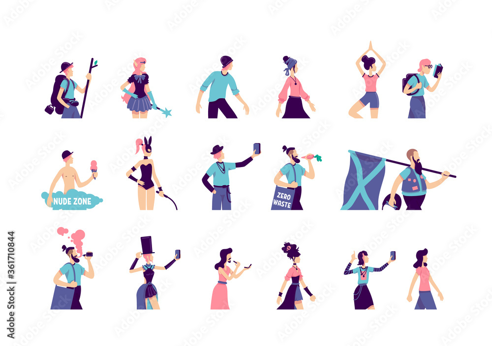 Subculture flat color vector faceless characters set