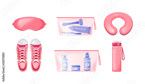 Comfortable travel flat color vector objects set