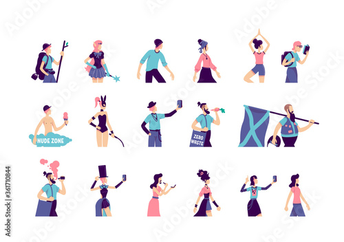 Subculture flat color vector faceless characters set