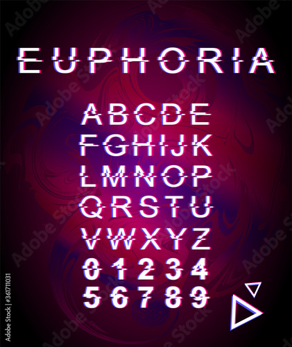 Euphoria glitch font template. Retro futuristic style vector alphabet set on purple holographic background. Capital letters  numbers and symbols. Happiness typeface design with distortion effect