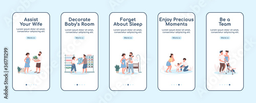 Young parents onboarding mobile app screen flat vector template