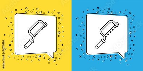 Set line Hacksaw icon isolated on yellow and blue background. Metal saw for wood and metal.  Vector Illustration