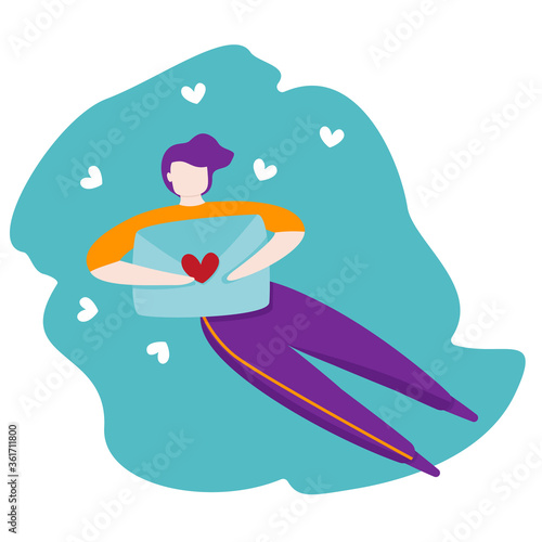 A faceless figure of man holding a love letter and having a sense of flying in the skies. St Valentines Day or Romantic Love theme illustration. Modern flat style vector drawing.