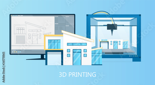 Industrial 3D printer prints smart home. Futuristic technologies for mass production of houses. Architectural engineering with a printer concept. Perfect for landing, web or presentation. Flat Vector