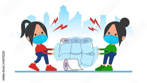 Housewives shoppers fight for toilet paper tissues to hoard in worst case of Coronavirus (Covid-19) pandemic. Panic buying as epidemic spreads across the globe. Out of stock.
