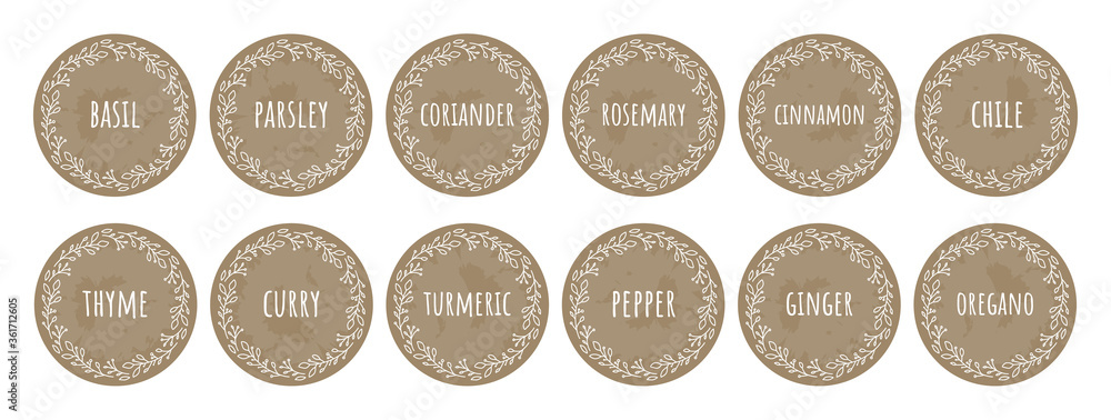 Cardboard food labels or stickers. It can be used for marking kitchen food containers with spices. Labels, stickers, craft decals, floral frame and spice name in English