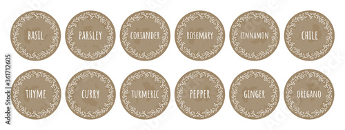 Obraz na płótnie Cardboard food labels or stickers. It can be used for marking kitchen food containers with spices. Labels, stickers, craft decals, floral frame and spice name in English w salonie