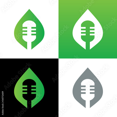 Microphone and leaf logo design, eco podcast icon, nature talk symbol - Vector