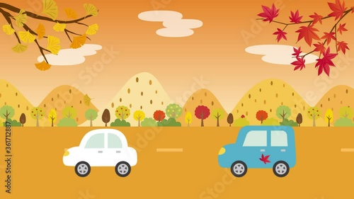 秋の並木道を走る車のアニメーション