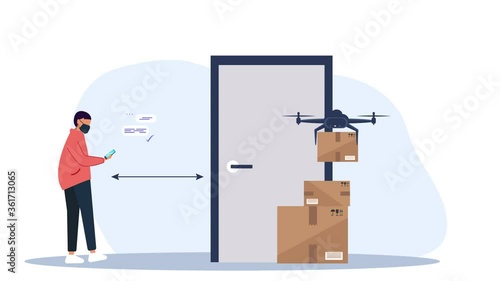 Contactless delivery animation. Drone delivers boxes . Non-contact delivery concept.