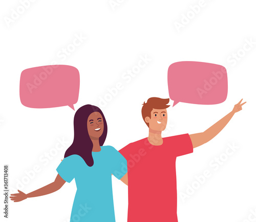 happy couple talking with speech bubbles, celebrating holiday vector illustration design