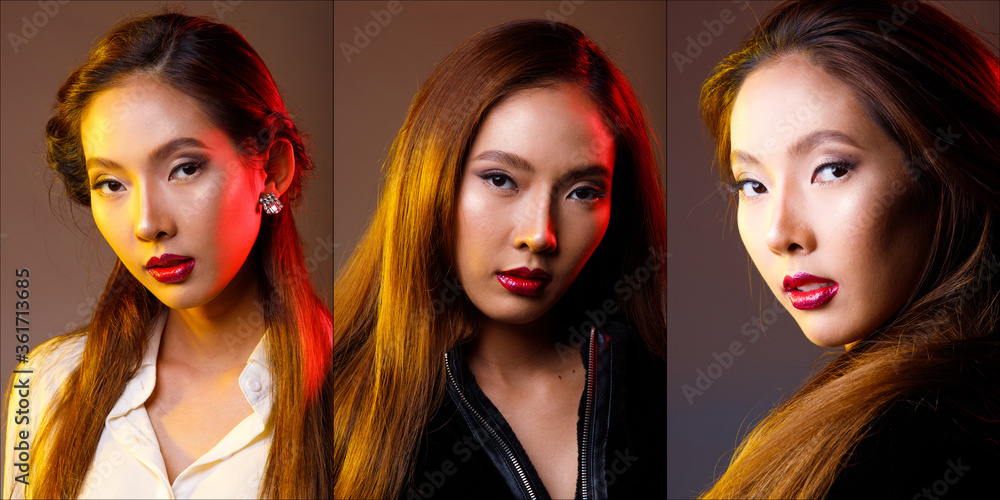 Fashion Asian Woman blonde brown long hair portrait red yellow gel Fashion Asian Woman blonde brown long hair portrait red yellow gel