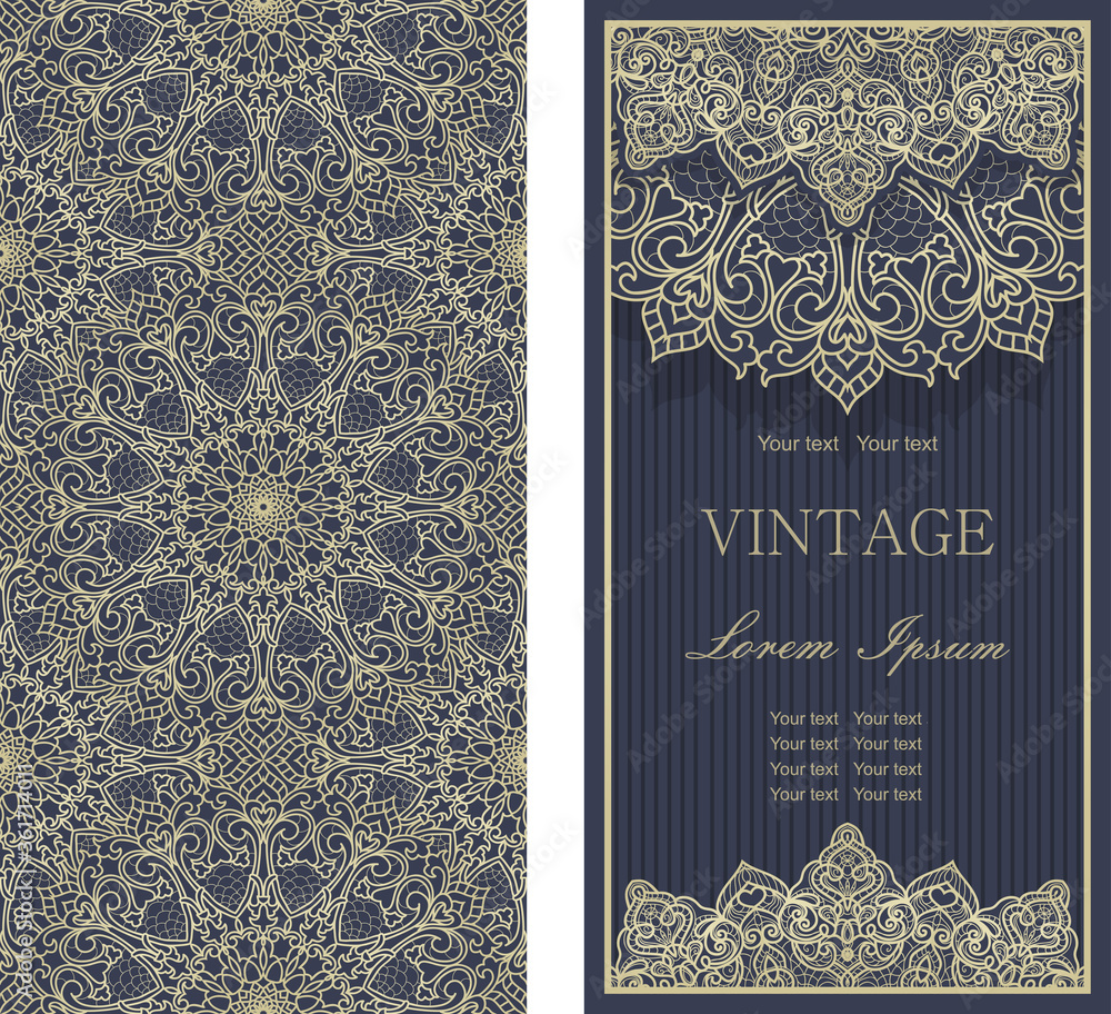 Set of Template greeting card, invitation and advertising banner, brochure with space for text. Vintage Invitation or wedding card with damask pattern and elegant floral elements in dark blue and gold