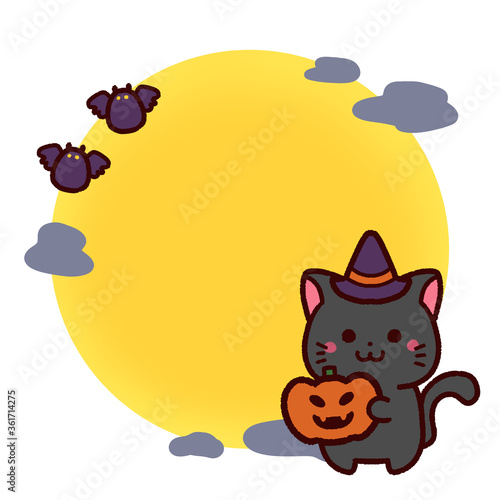 ハロウィンのかわいい黒猫と月 コピースペース