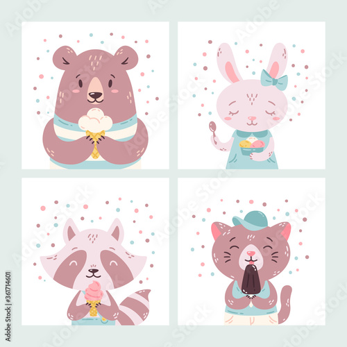 Set of cute funny cartoon summer animals. Bear, rabbit, raccoon and cat eating ice cream, licking popsicle, cone. Vector flat hand drawn illustration. Concept for children print. Isolated objects.