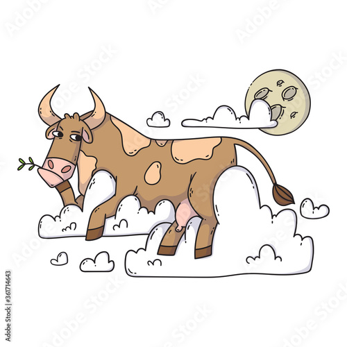 Cow resting on the clouds and looking at the moon. Relax and dreaming. Funny, humor, cartoon animal illustration.