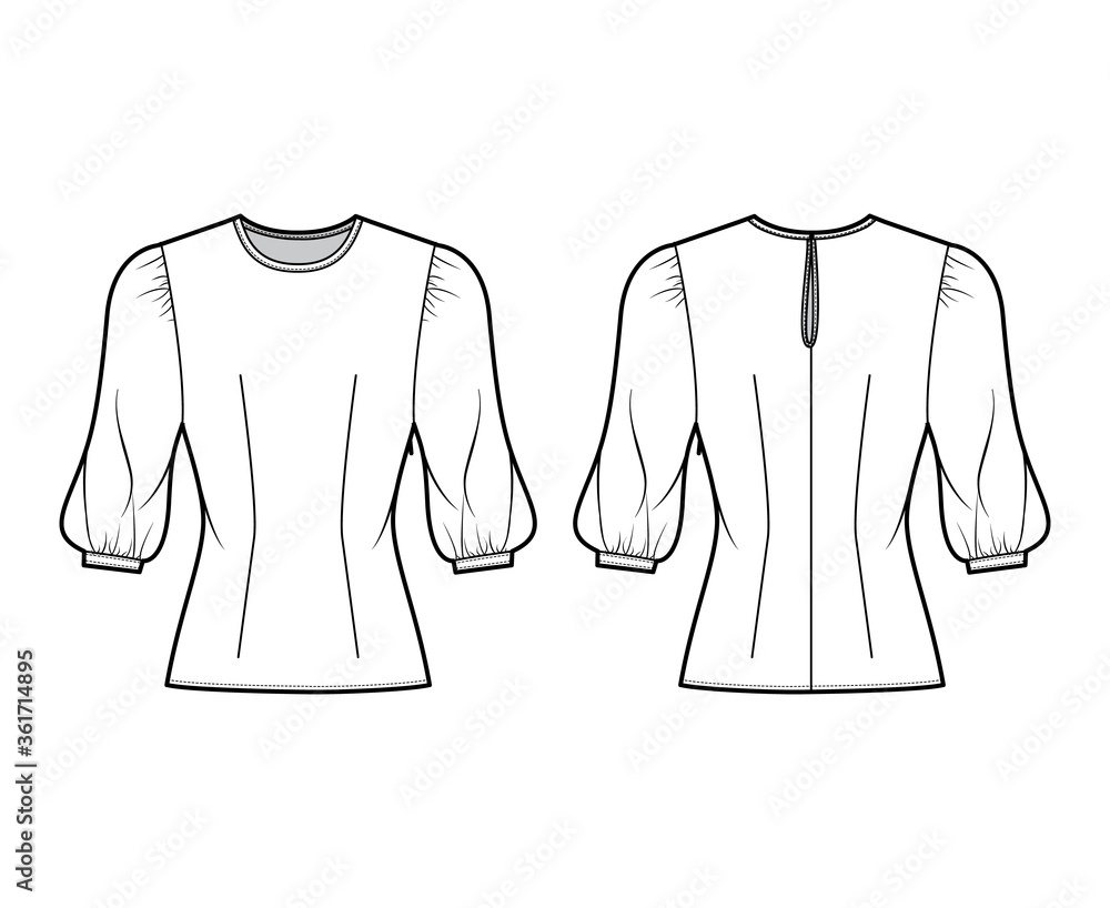 Blouse technical fashion illustration with round neckline, puffy mutton sleeves, fitted body. Flat apparel template front, back white color. Women, men unisex CAD garment designer mockup Blouse technical fashion illustration with round neckline, puffy mutton sleeves, fitted body. Flat apparel template front, back white color. Women, men unisex CAD garment designer mockup