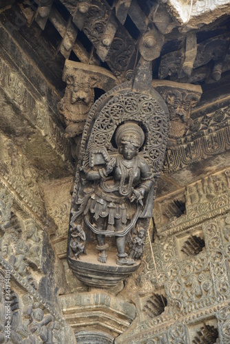 Sculptures and friezes on the walls of The Chennakeshava Temple or Vijayanarayana Temple of Belur, is a 12th-century Hindu temple in the Hassan district of Karnataka state, India. 