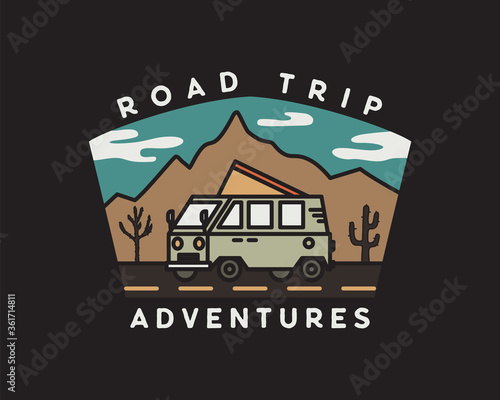 Vintage road trip journey badge illustration design. Outdoor emblem with RV, mountains and text - Road Trip adventures. Unusual hipster style patch. Stock vector