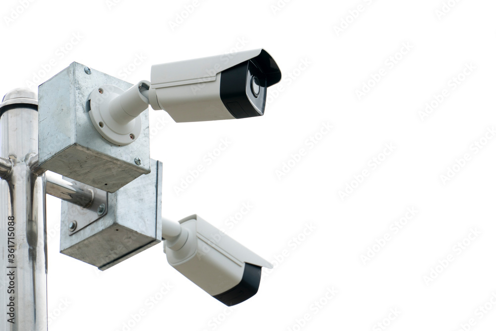 Two CCTV camear install on the aluminum block same pole. on isolated white background.