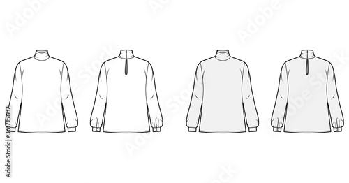 Turtleneck blouse technical fashion illustration with long sleeves, cuff, oversized body, button fastening keyhole at back. Flat apparel template front, back white grey color. Women men unisex mockup