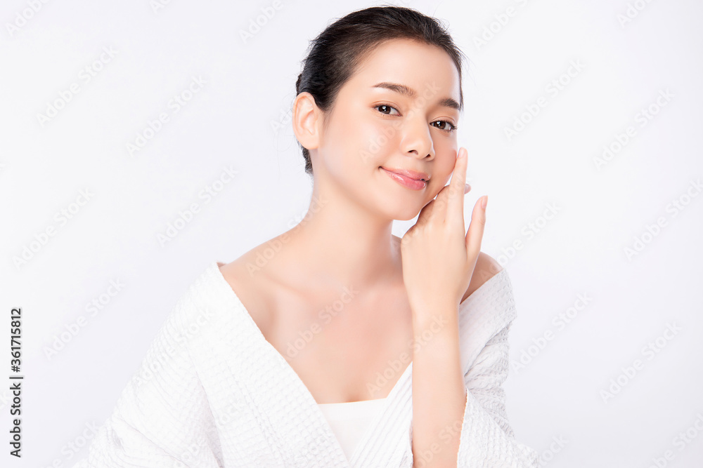 Beautiful Young asian Woman touching her clean face with fresh Healthy Skin, isolated on white background, Beauty Cosmetics and Facial treatment Concept Beautiful Young asian Woman touching her clean face with fresh Healthy Skin, isolated on white background, Beauty Cosmetics and Facial treatment Concept