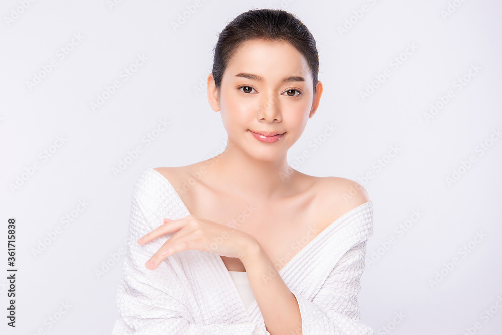 Beautiful Young Asian Woman touching her body with fresh Healthy Skin, isolated on white background, Beauty Cosmetics and Facial treatment Concept. Beautiful Young Asian Woman touching her body with fresh Healthy Skin, isolated on white background, Beauty Cosmetics and Facial treatment Concept.
