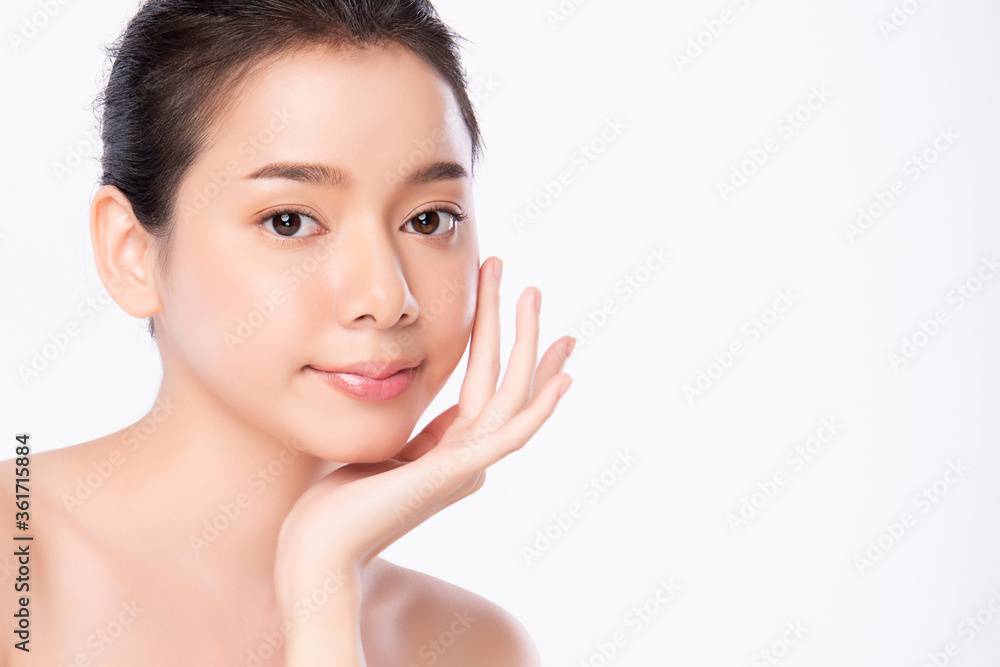 Beautiful Young asian Woman touching her clean face with fresh Healthy Skin, isolated on white background, Beauty Cosmetics and Facial treatment Concept Beautiful Young asian Woman touching her clean face with fresh Healthy Skin, isolated on white background, Beauty Cosmetics and Facial treatment Concept