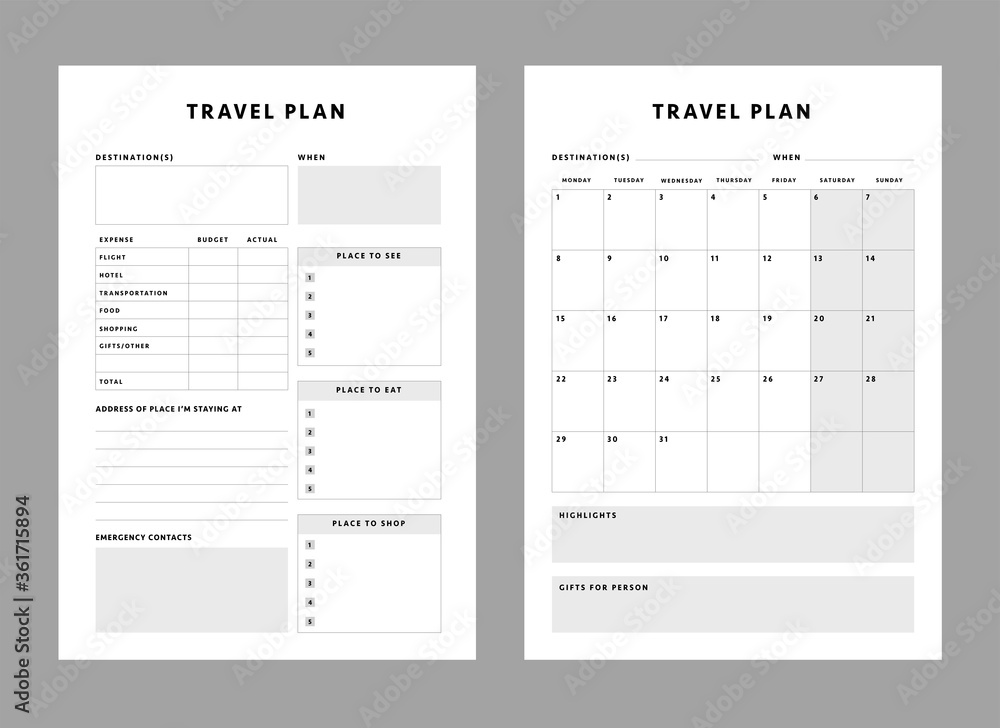 2 Set of minimalist travel planners. Travel plan place to go, to eat