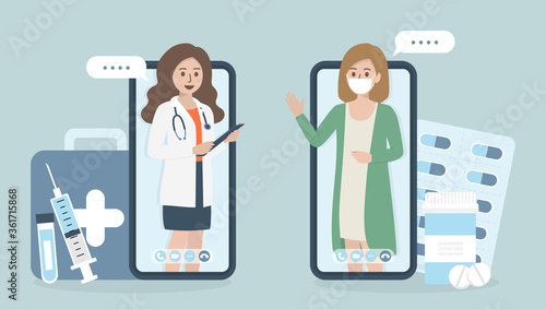 Young female patient video call to the doctor via smartphone. Online doctor consultation, diagnosis and healthcare service concept. 