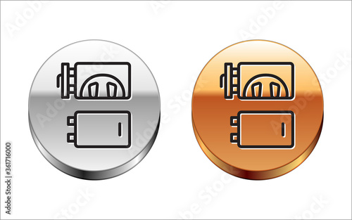 Black line Crematorium icon isolated on white background. Silver-gold circle button. Vector