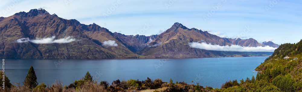 Picturesque Wakatipu Lake and Southern Alps panorama