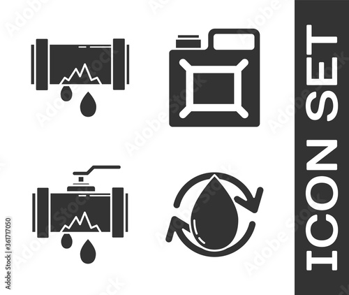 Set Oil drop, Broken metal pipe with leaking water, Broken metal pipe with leaking water and Canister for gasoline icon. Vector