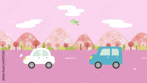 桜並木の道を走る車のアニメーション