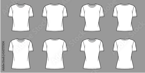 T-shirt technical fashion illustration set with crew neck, fitted and oversized long and regular body, short sleeves, flat. Apparel template front and back white color. Women men unisex garment mockup