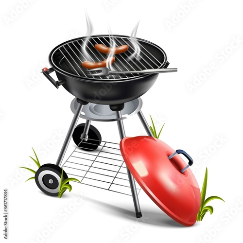 3d realistic vector icon illustration of grill with sausages and smoke. Isolated on white background.