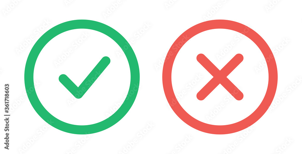 Tick and cross signs. Green checkmark OK and red X icons, isolated on white background. Simple marks design. Circle shape symbols YES and NO button for vote, decision, web. Vector illustration. Tick and cross signs. Green checkmark OK and red X icons, isolated on white background. Simple marks design. Circle shape symbols YES and NO button for vote, decision, web. Vector illustration.