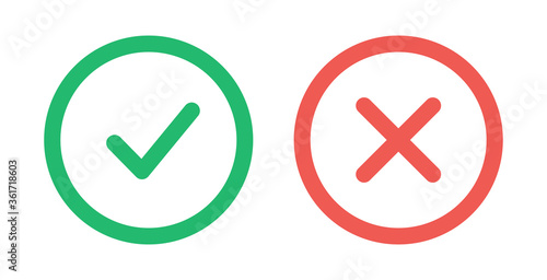 Tick and cross signs. Green checkmark OK and red X icons, isolated on white background. Simple marks design. Circle shape symbols YES and NO button for vote, decision, web. Vector illustration.